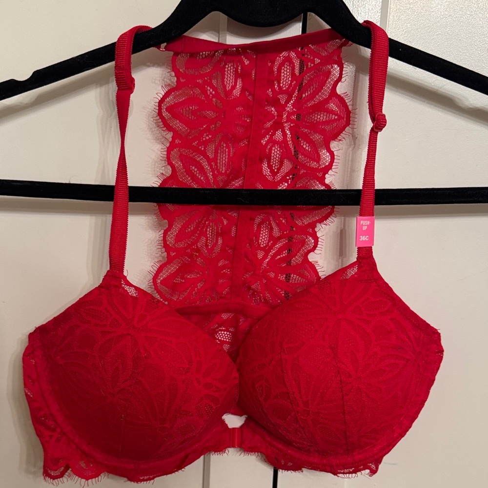PINK Red Lace Bra size 36C front closure and lace back push  up bra .